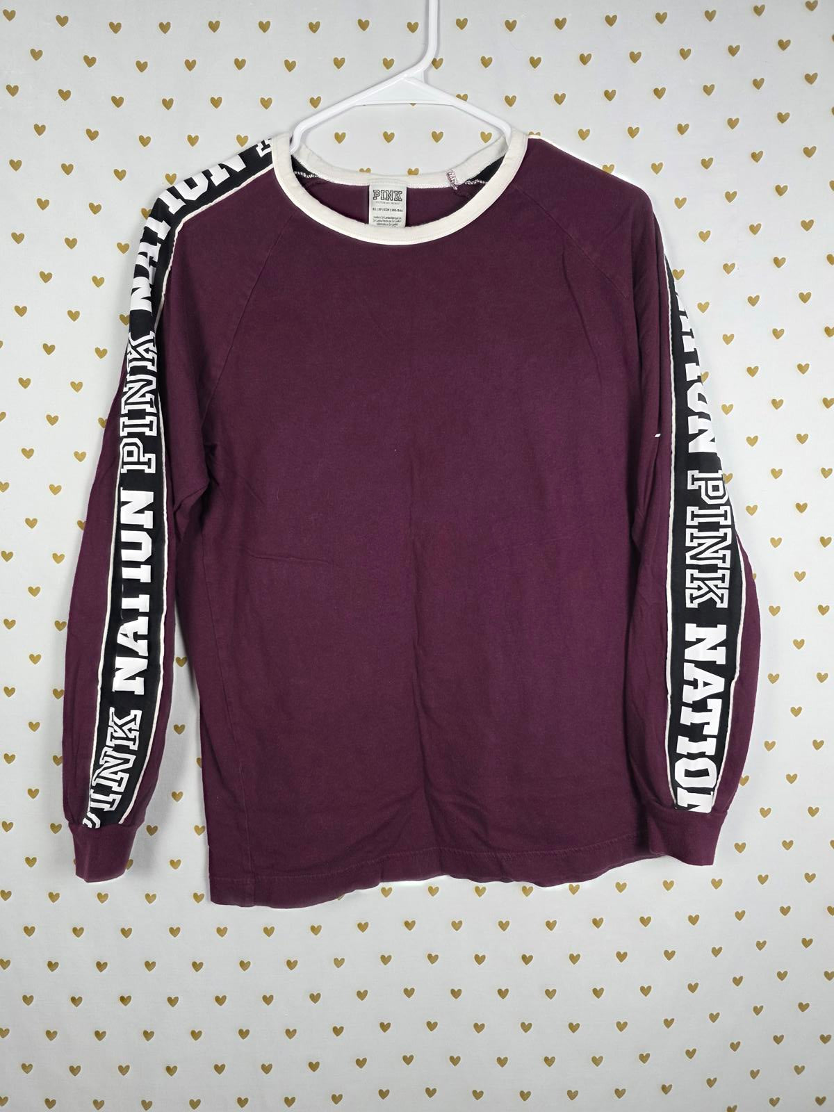 Victorias Secret PINK Logo NATION Long sleeve Maroon Tee Shirt XS