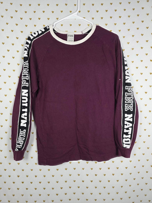 Victorias Secret PINK Logo NATION Long sleeve Maroon Tee Shirt XS