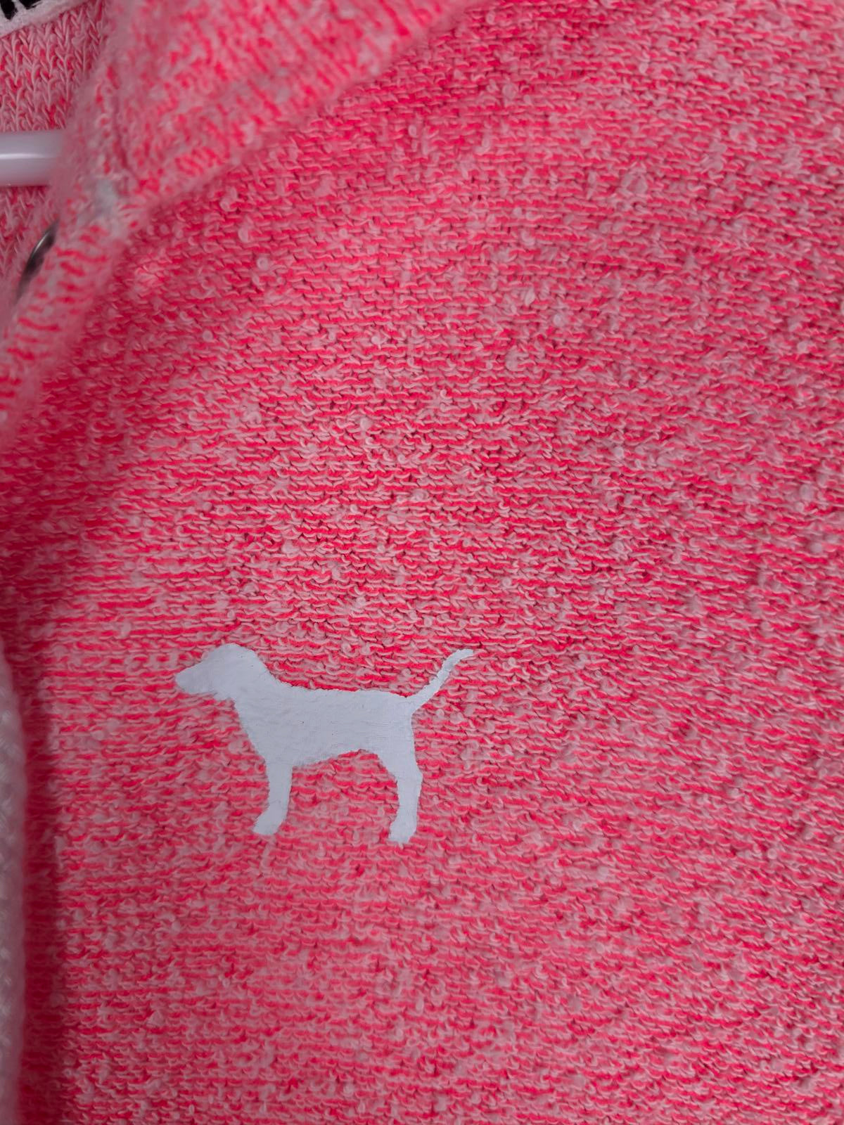 Victorias Secret Pink Fuzzy Boucle Hooded Neon Lace Up LOVE Sweater Shirt SMALL