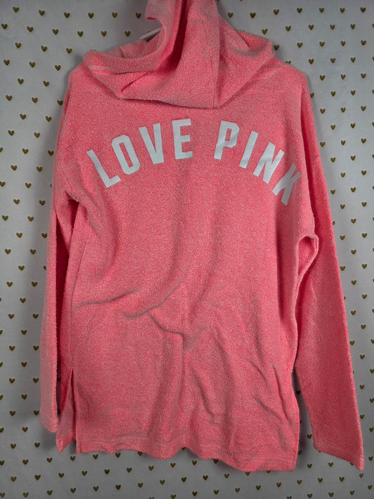Victorias Secret Pink Fuzzy Boucle Hooded Neon Lace Up LOVE Sweater Shirt SMALL