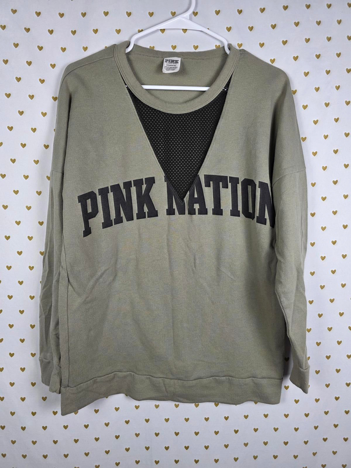 Victorias Secret Pink Green Net V neck NATION long sleeve Sweater Shirt SMALL