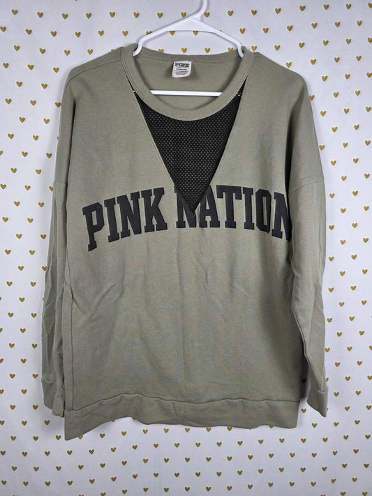 Victorias Secret Pink Green Net V neck NATION long sleeve Sweater Shirt SMALL