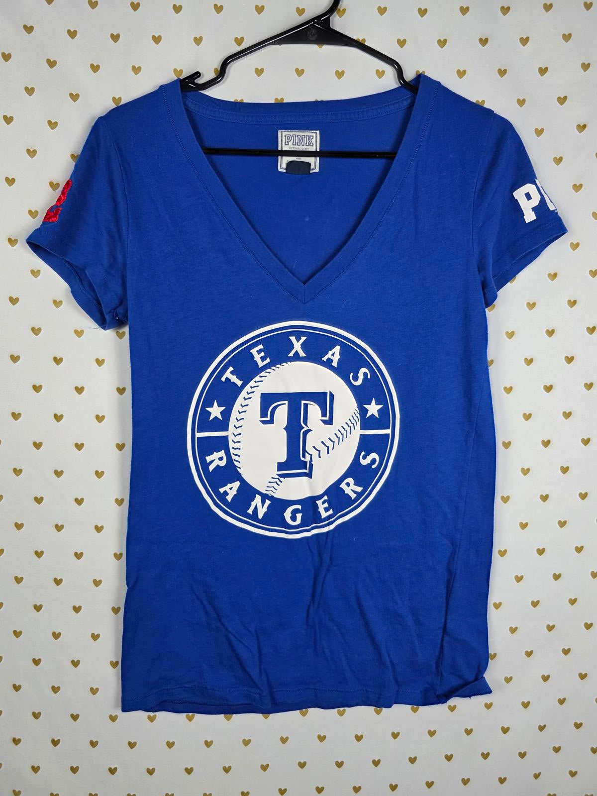 Victorias Secret PINK TEXAS RANGERS MLB Blue V Neck Tee Shirt MEDIUM