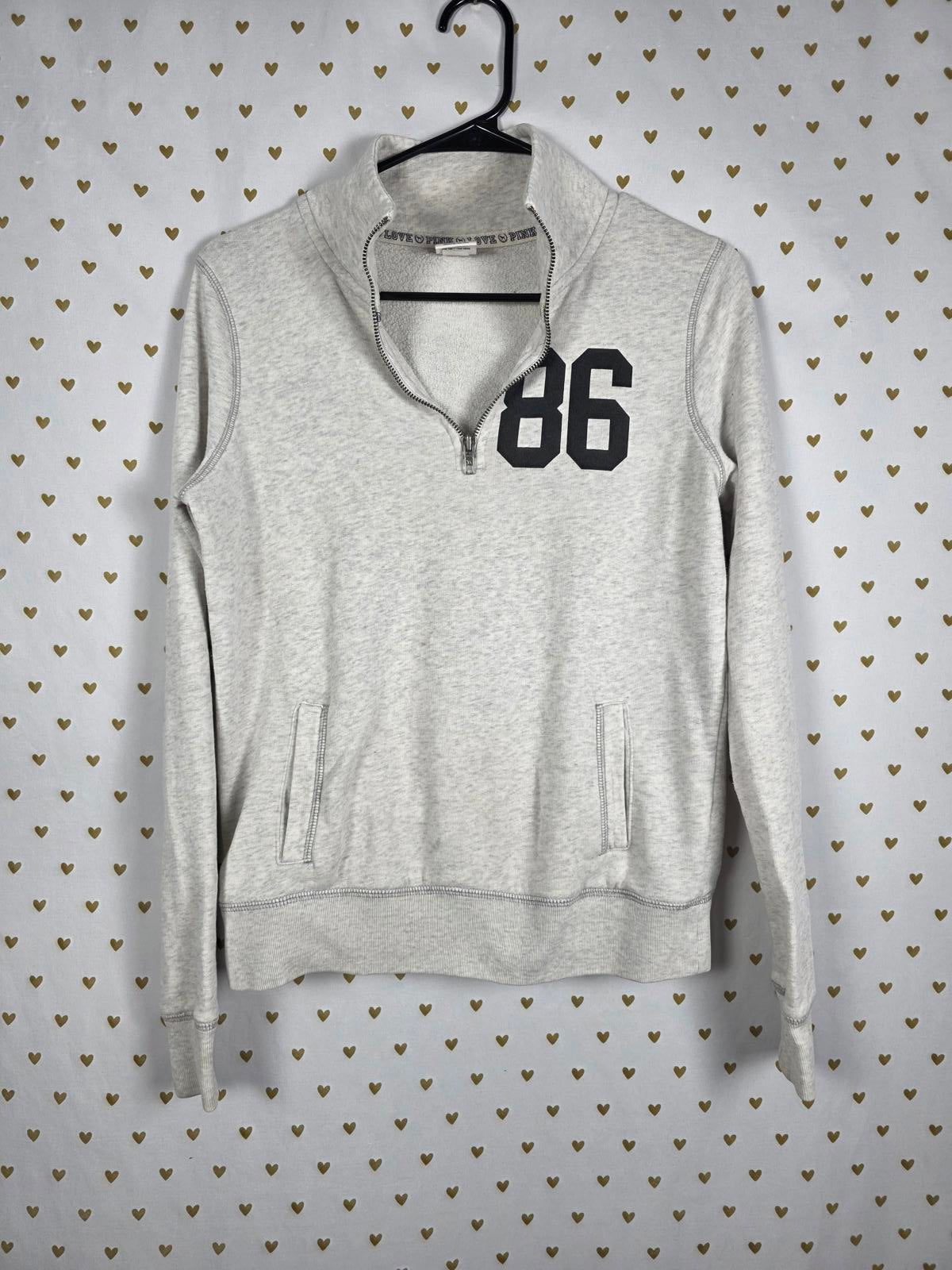 Victorias Secret Pink LOVE Quarter Zip 86 Grey Sweater Shirt XS