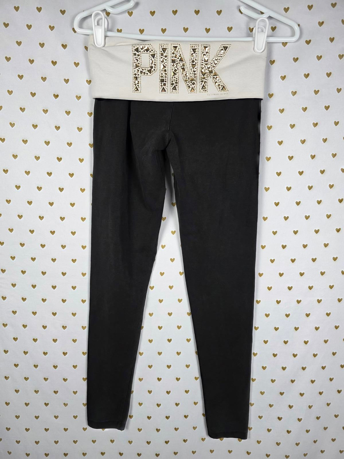 Victorias Secret PINK GOLD BLING Studded FOLDOVER Yoga Pants XS Skinny