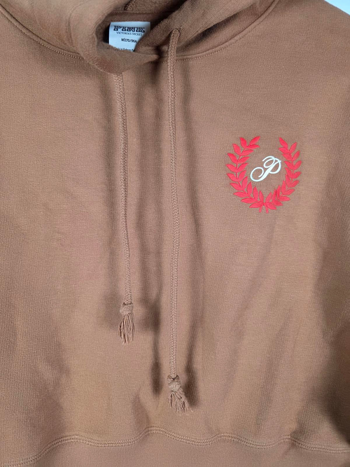 Victorias Secret Pink Crest Logo Hooded Cropped Sweater Shirt Brown MEDIUM