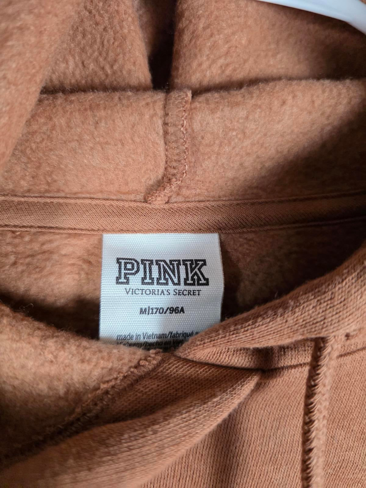 Victorias Secret Pink Crest Logo Hooded Cropped Sweater Shirt Brown MEDIUM