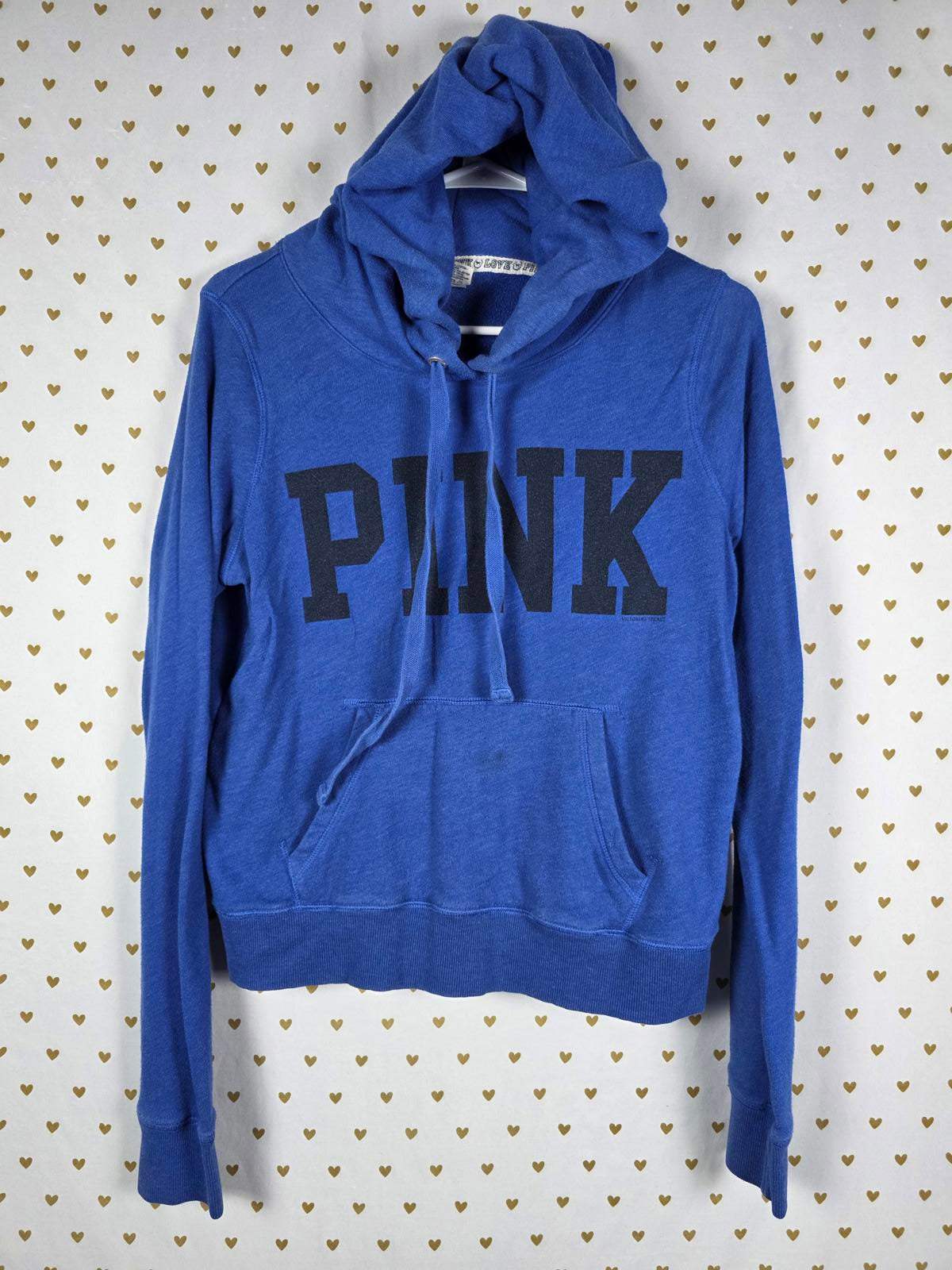 Victorias Secret Pink Vintage Blue Hooded Logo Pullover Sweater shirt MEDIUM