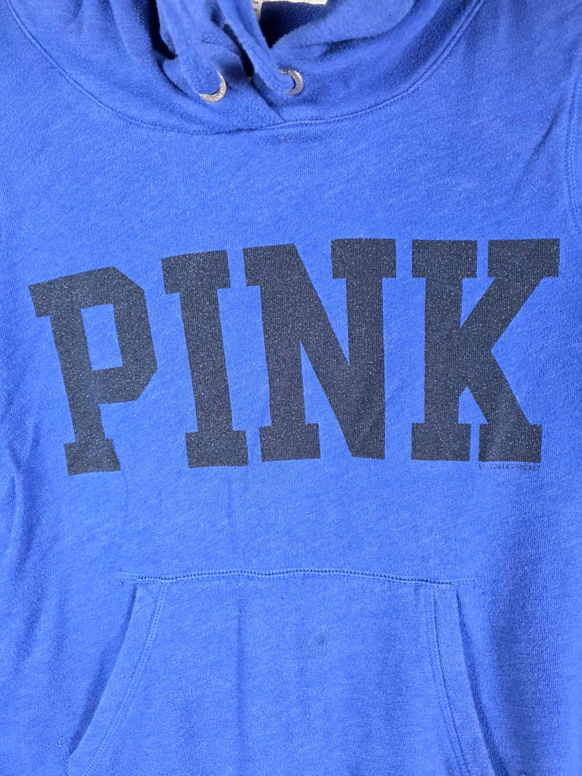 Victorias Secret Pink Vintage Blue Hooded Logo Pullover Sweater shirt MEDIUM