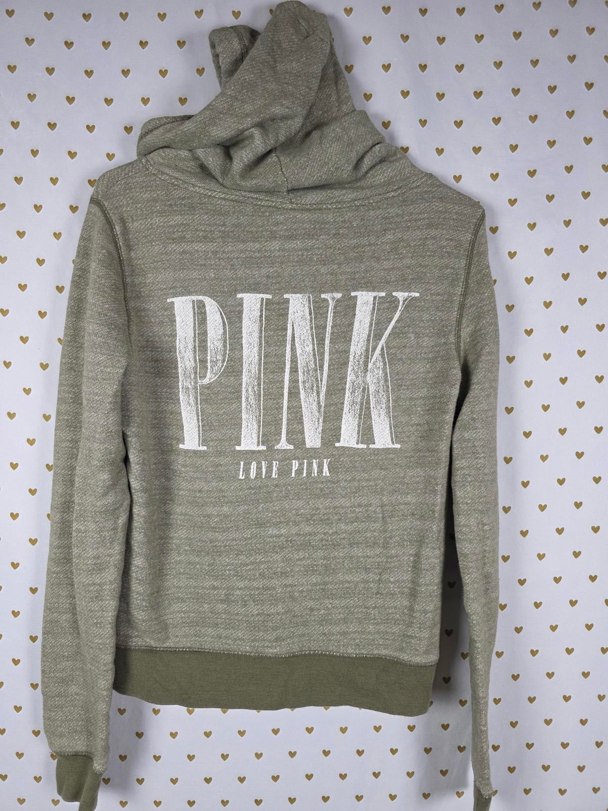 Victorias Secret Pink Vintage Style Full Zip Olive Logo Hoodie Jacket EXC Small