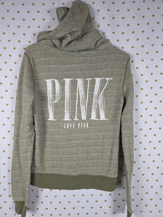 Victorias Secret Pink Vintage Style Full Zip Olive Logo Hoodie Jacket EXC Small