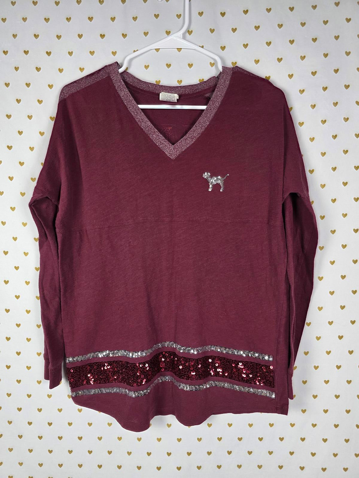 Victorias Secret PINK Maroon Long sleeve V Neck Tee Shirt Sequined SMALL