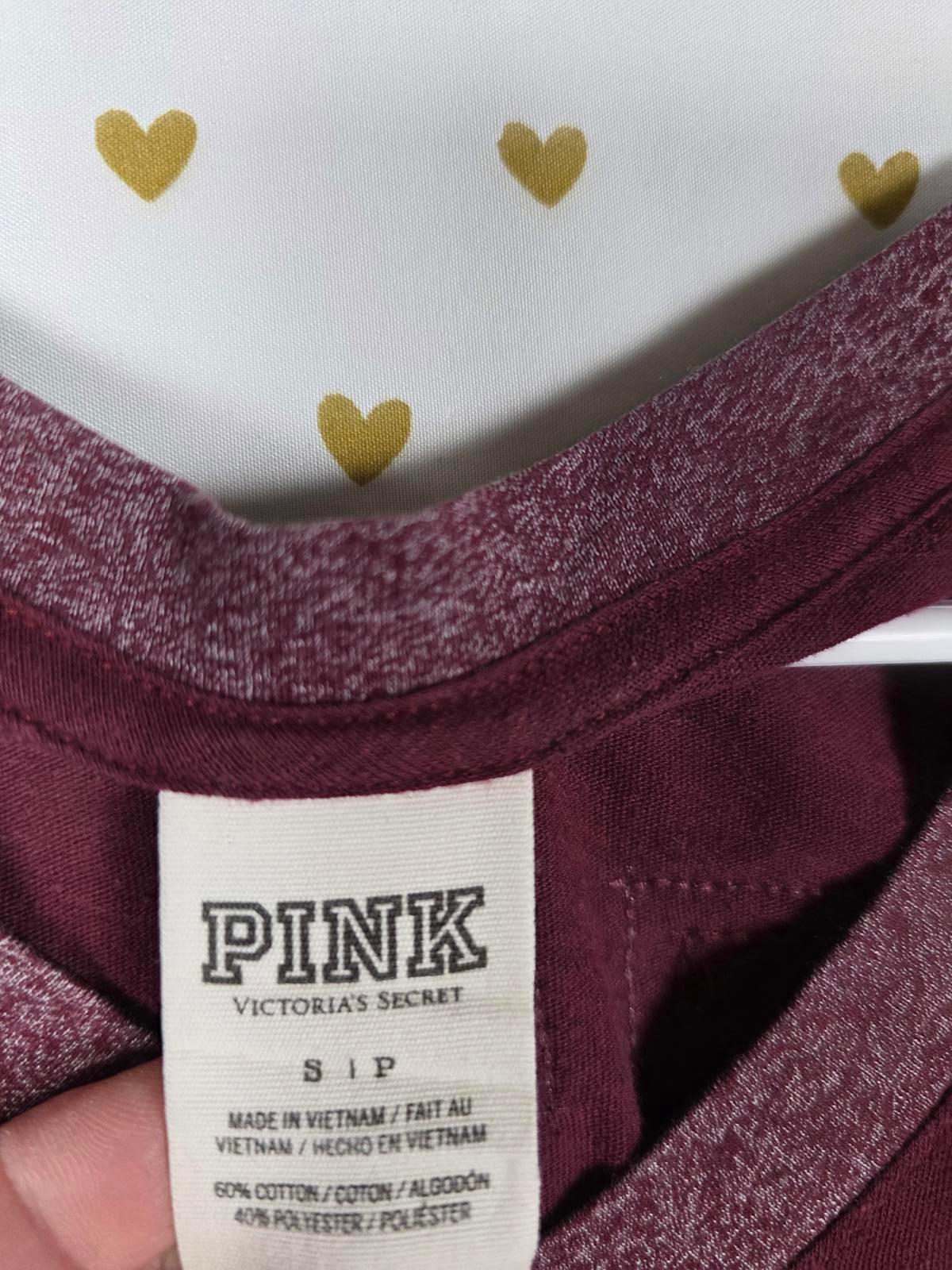 Victorias Secret PINK Maroon Long sleeve V Neck Tee Shirt Sequined SMALL