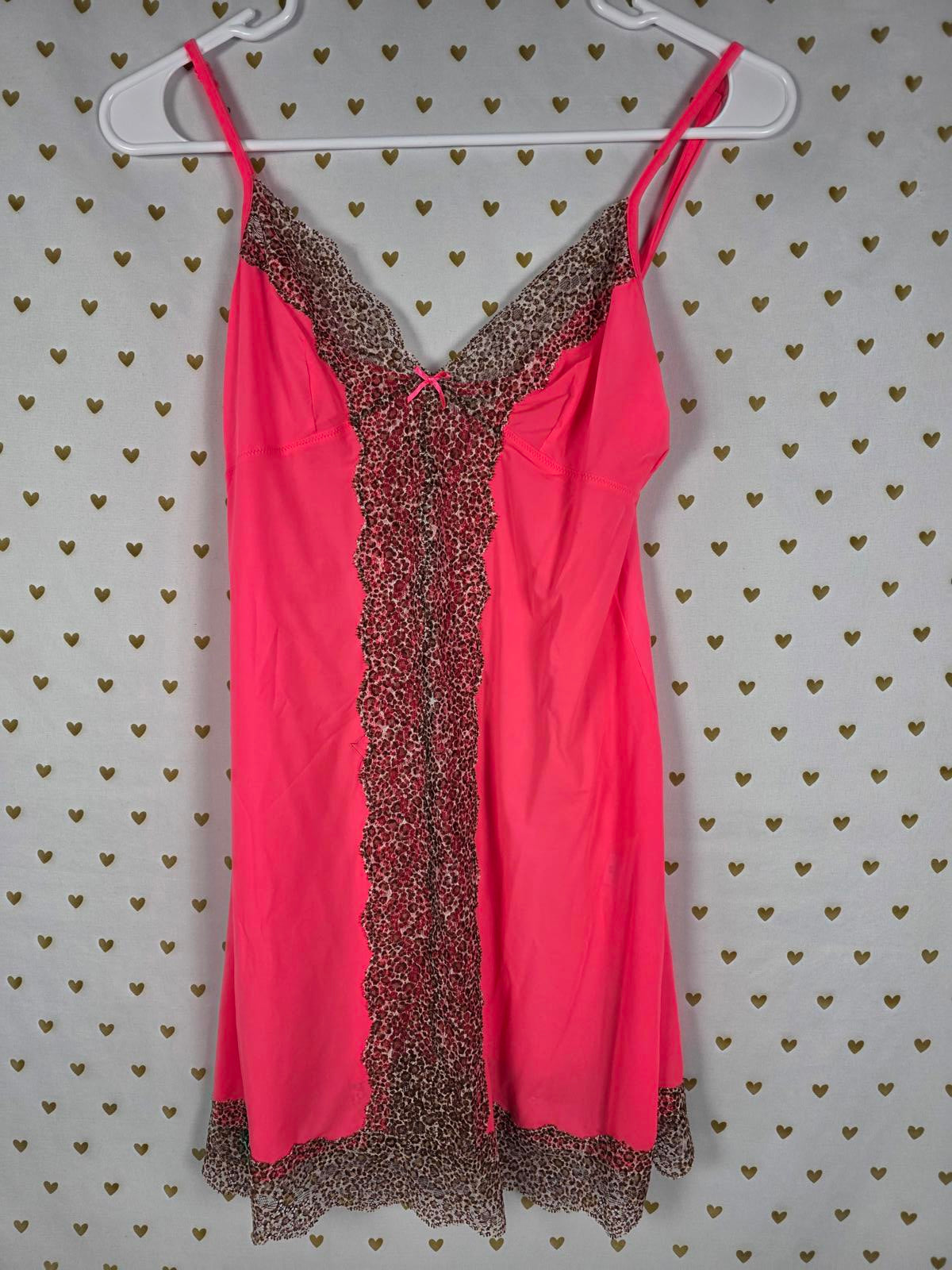 Victorias Secret Sexy Neon Satin Leopard Print Lace Chemise Slip Nightie SMALL