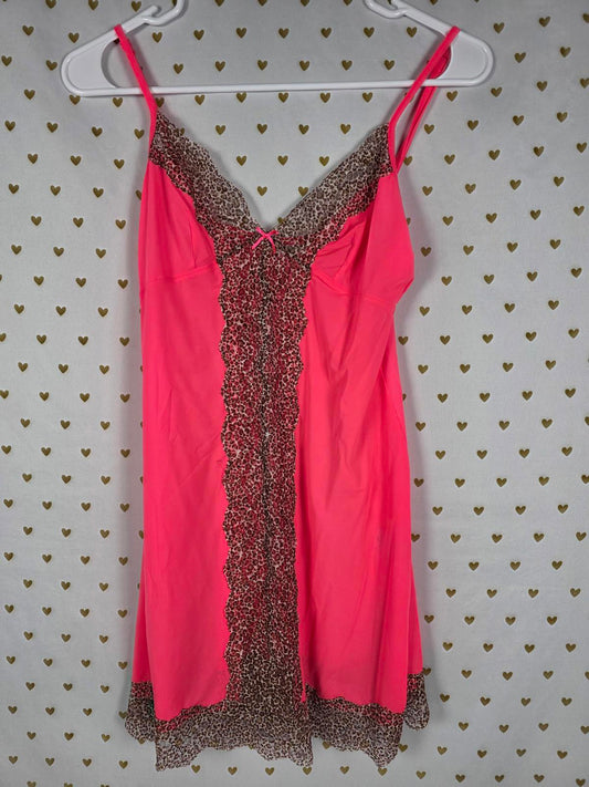 Victorias Secret Sexy Neon Satin Leopard Print Lace Chemise Slip Nightie SMALL