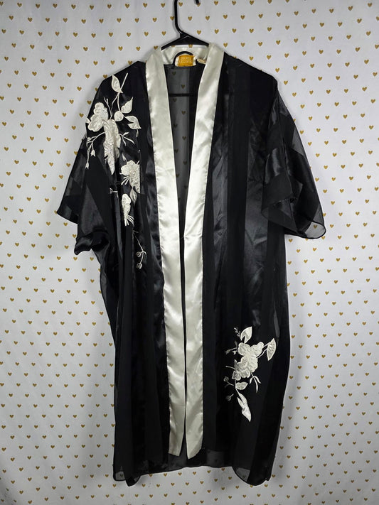 Vintage Victoria's Secret Gold Label Black Satin Robe Floral Stripe ONE SIZE