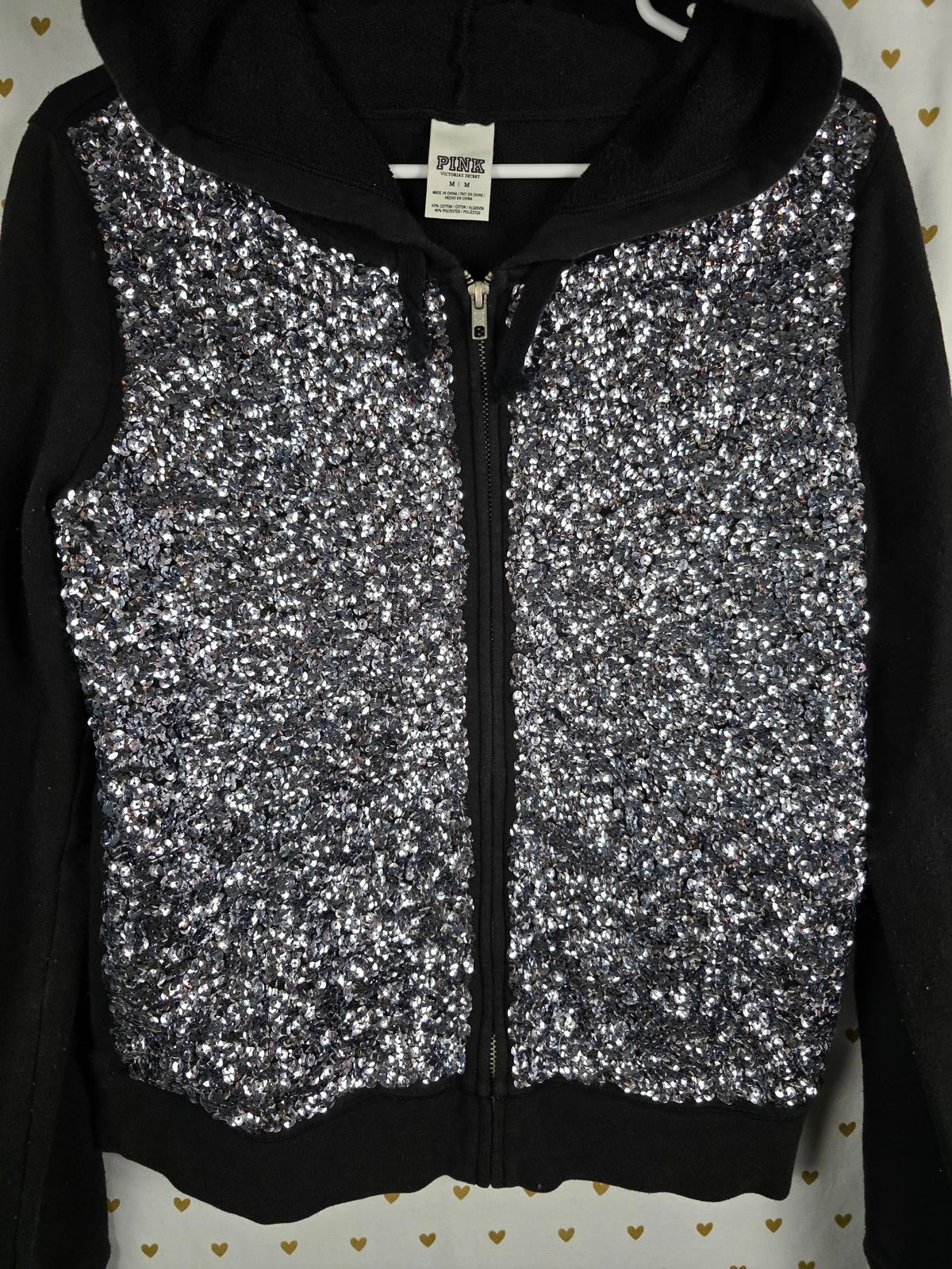 Victoria's Secret PINK Fashion Show Silver Sequin Bling Hoodie MEDIUM RARE
