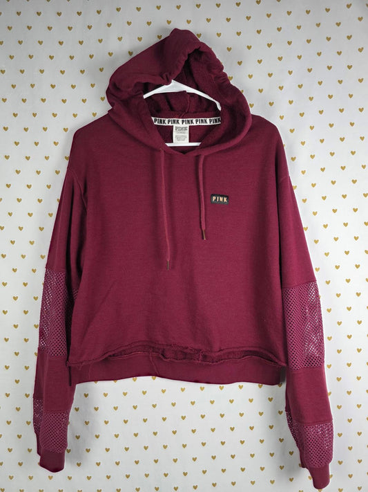 Victorias Secret Pink Cropped Long sleeve mesh cutout hoodie sweater LARGE