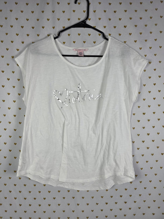 Victorias Secret Silver Foil Logo Tee shirt White SMALL