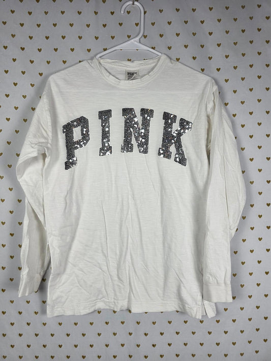 Victorias Secret PINK White Long Sleeve Bling Sequined Tee Shirt WHITE XS