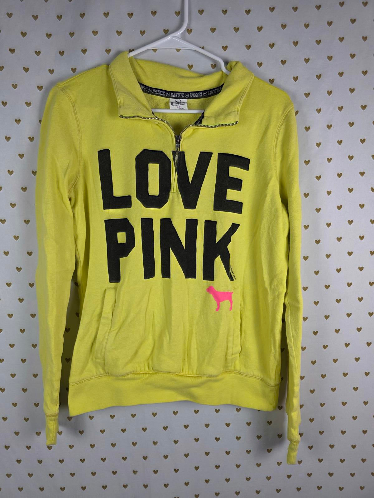 Victorias Secret Pink VINTAGE Yellow Love Logo Y2k Sweater Quarter Zip SMALL