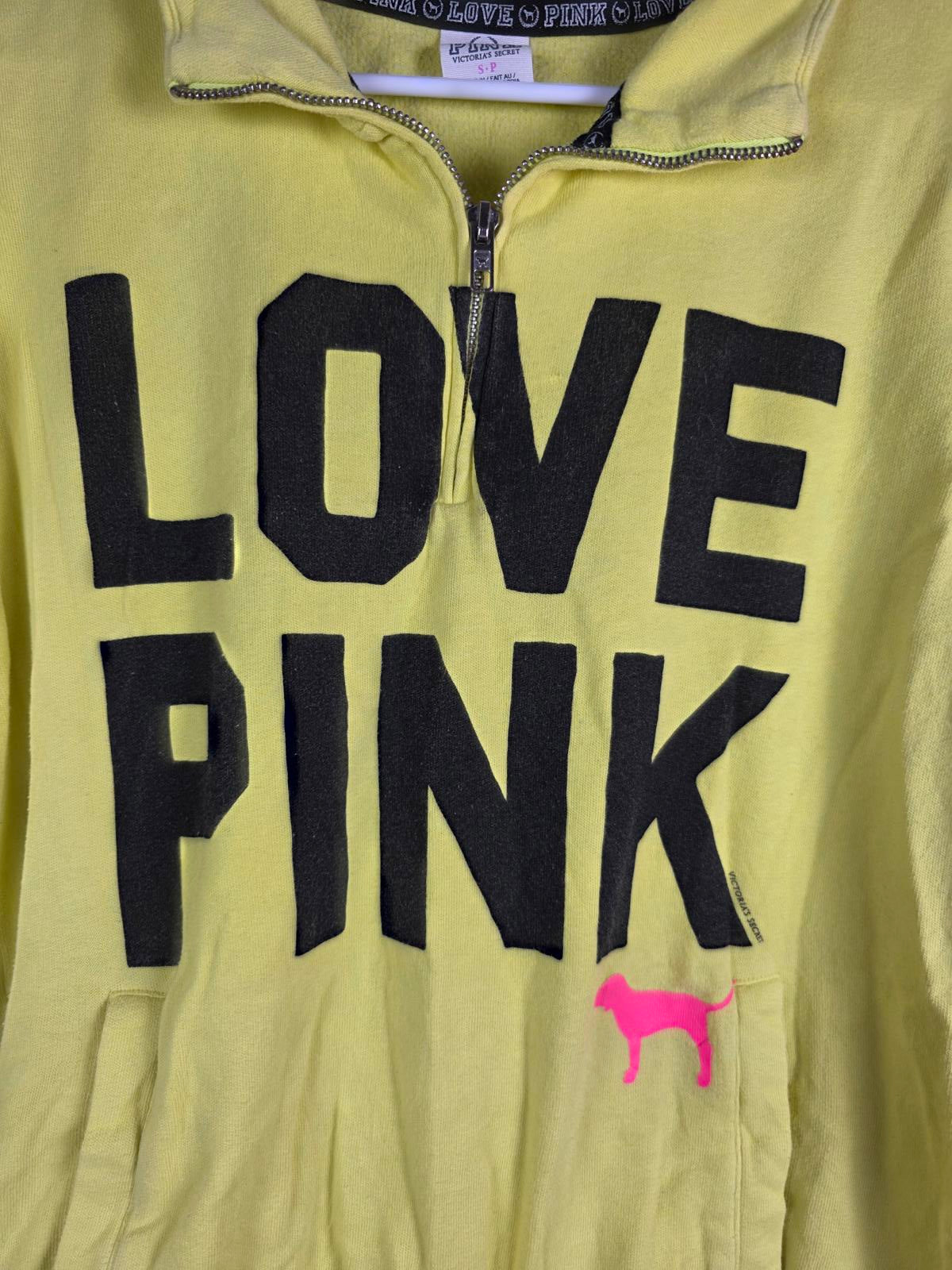 Victorias Secret Pink VINTAGE Yellow Love Logo Y2k Sweater Quarter Zip SMALL