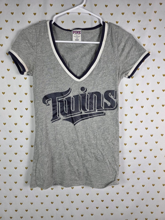 Victorias Secret PINK TWINS MLB MINNESOTA V neck tee shirt SMALL
