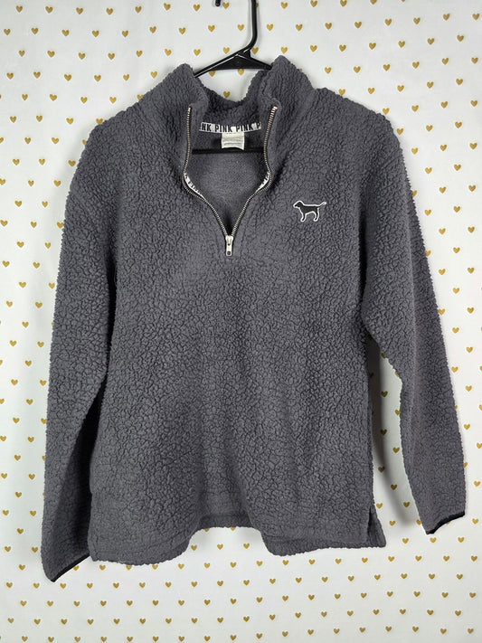Victorias Secret Pink grey Fuzzy Sherpa Quarter Zip Sweater Jacket Coat XS