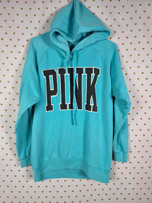 Victorias Secret Pink Logo Hooded Blue Sweater Shirt Pullover XS Oversized