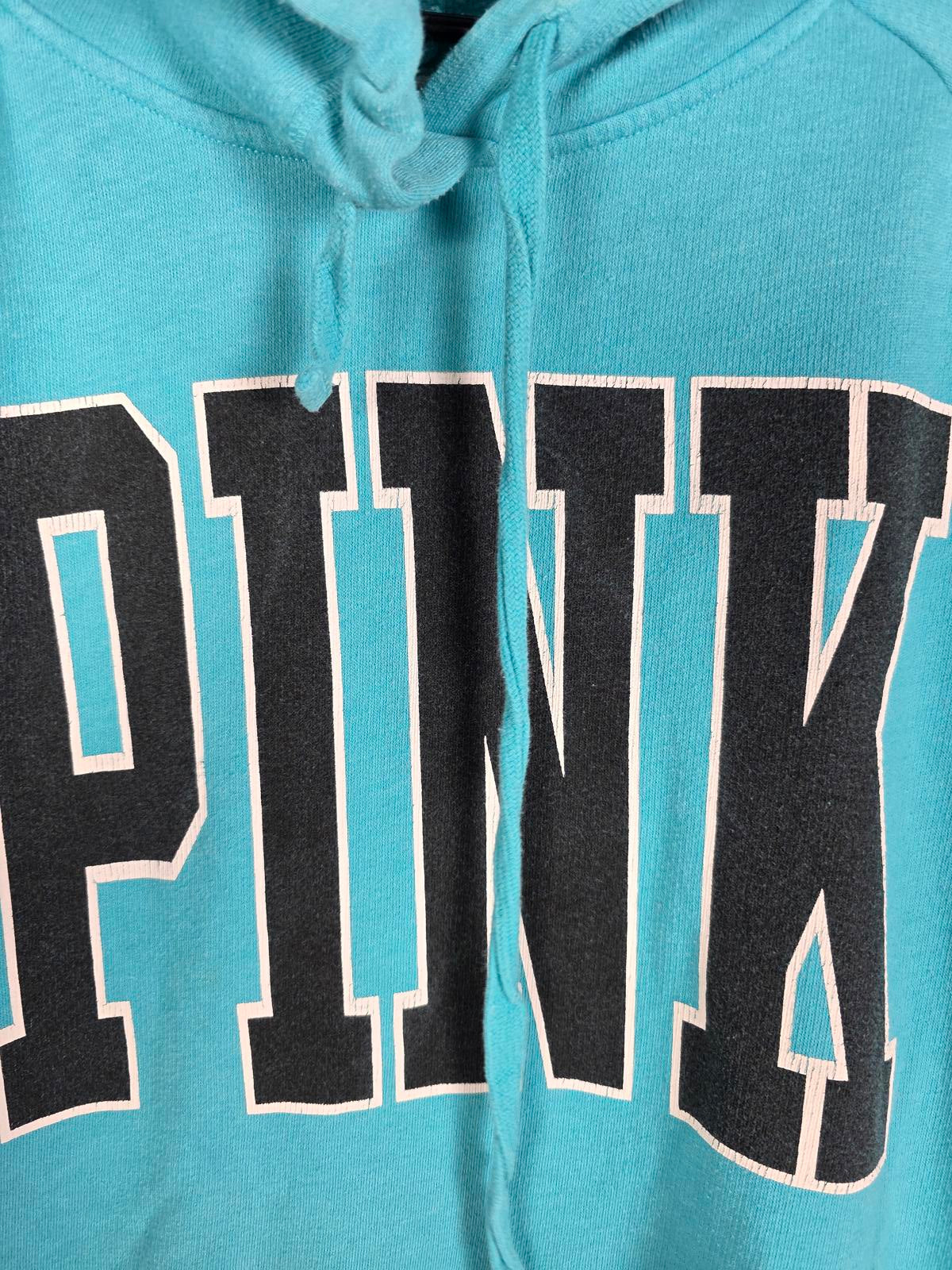 Victorias Secret Pink Logo Hooded Blue Sweater Shirt Pullover XS Oversized