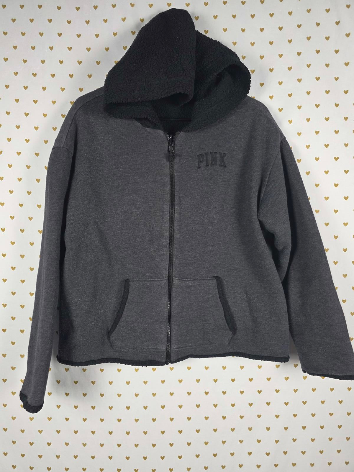 Victorias Secret Pink Grey Reversible Sherpa Hoodie Jacket Full zip SMALL