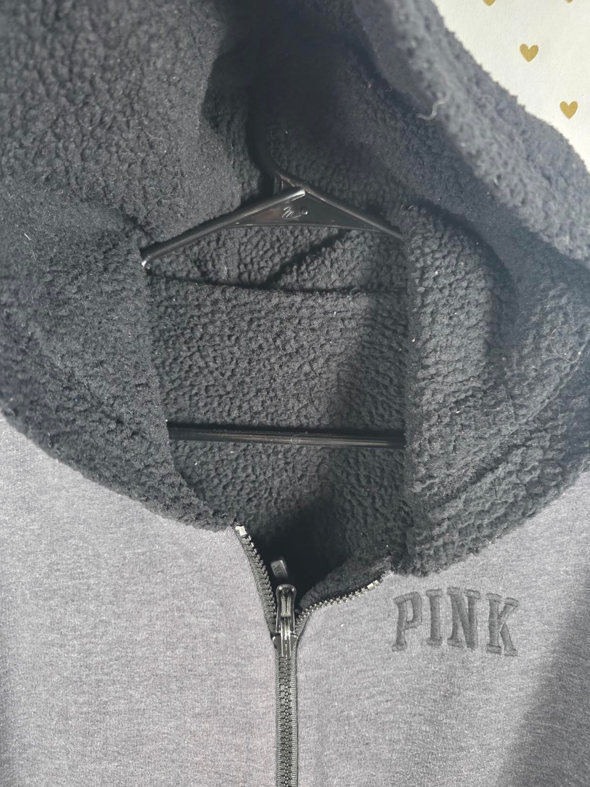Victorias Secret Pink Grey Reversible Sherpa Hoodie Jacket Full zip SMALL