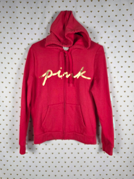 Victorias Secret Pink Gold Foil Logo Full zip Hoodie Jacket Red Oversized MEDIUM