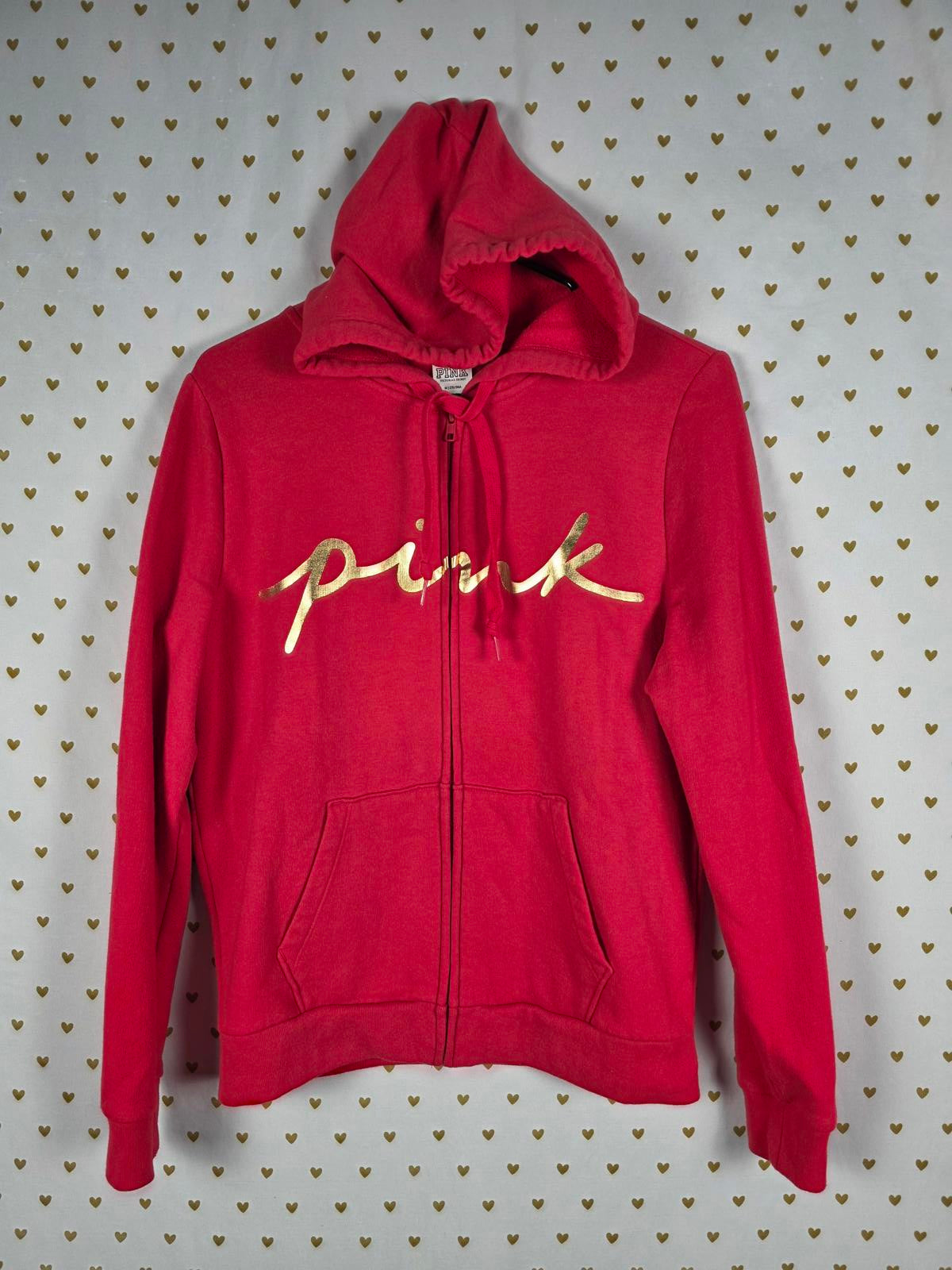 Victorias Secret Pink Gold Foil Logo Full zip Hoodie Jacket Red Oversized MEDIUM