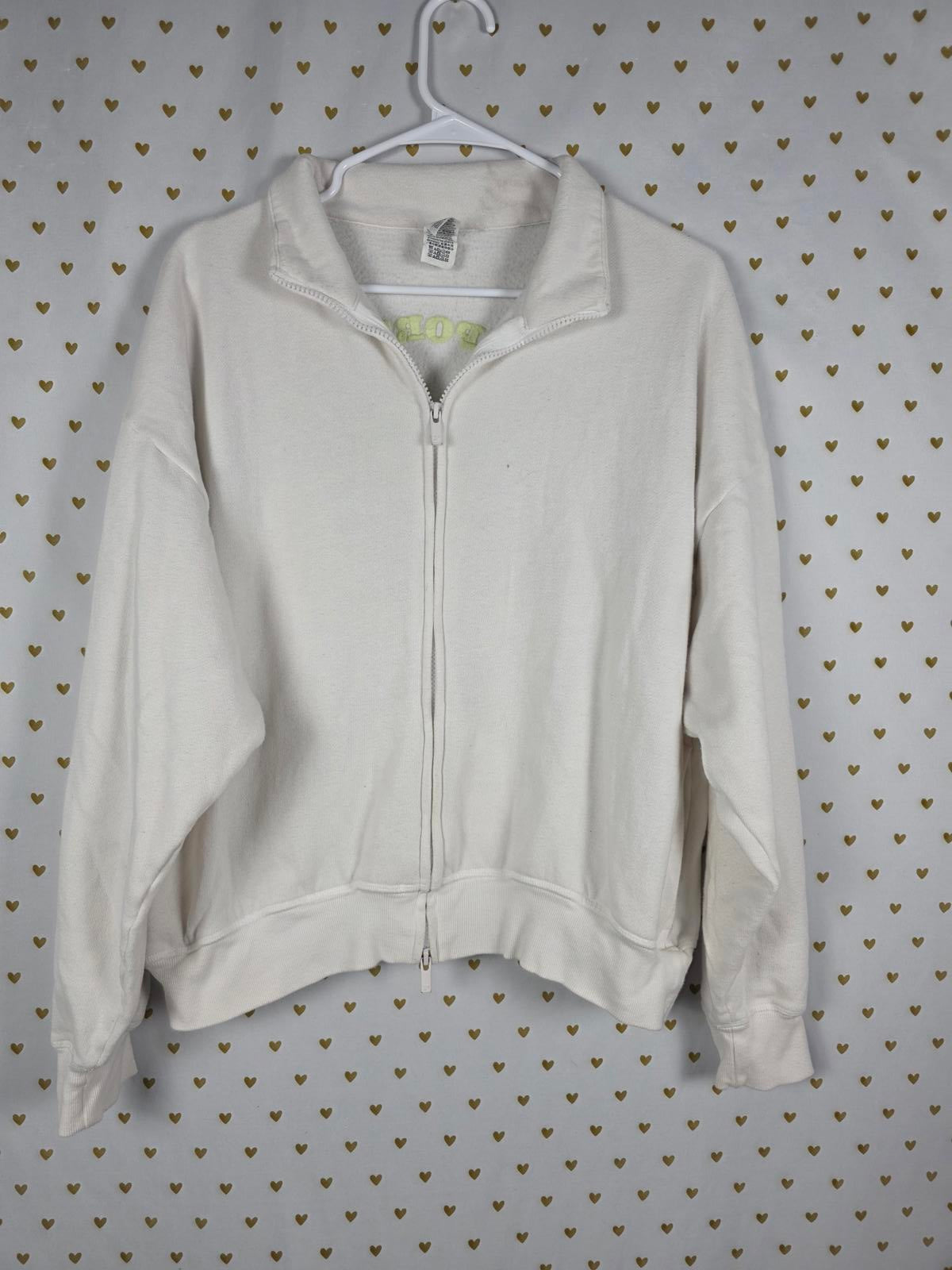 Victorias Secret Pink White Full Zip Neon Green Logo Sweater Jacket MEDIUM