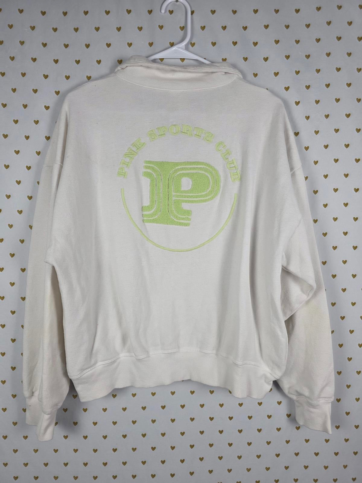 Victorias Secret Pink White Full Zip Neon Green Logo Sweater Jacket MEDIUM