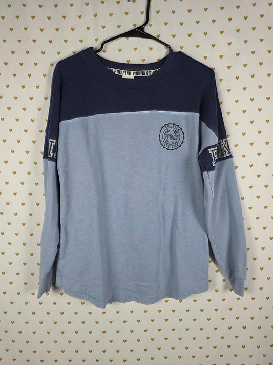 Victorias Secret Pink Logo Colorblock Blue Crew Sweater Shirt Oversized XS