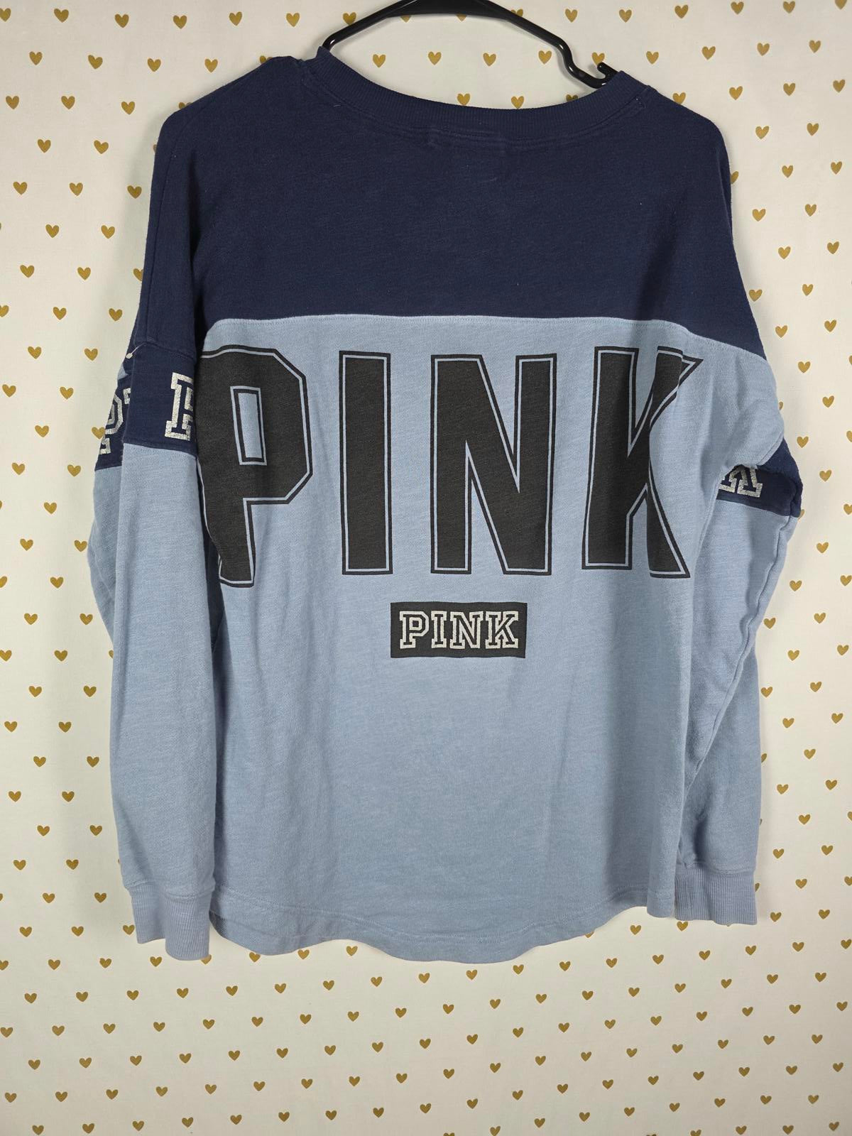 Victorias Secret Pink Logo Colorblock Blue Crew Sweater Shirt Oversized XS