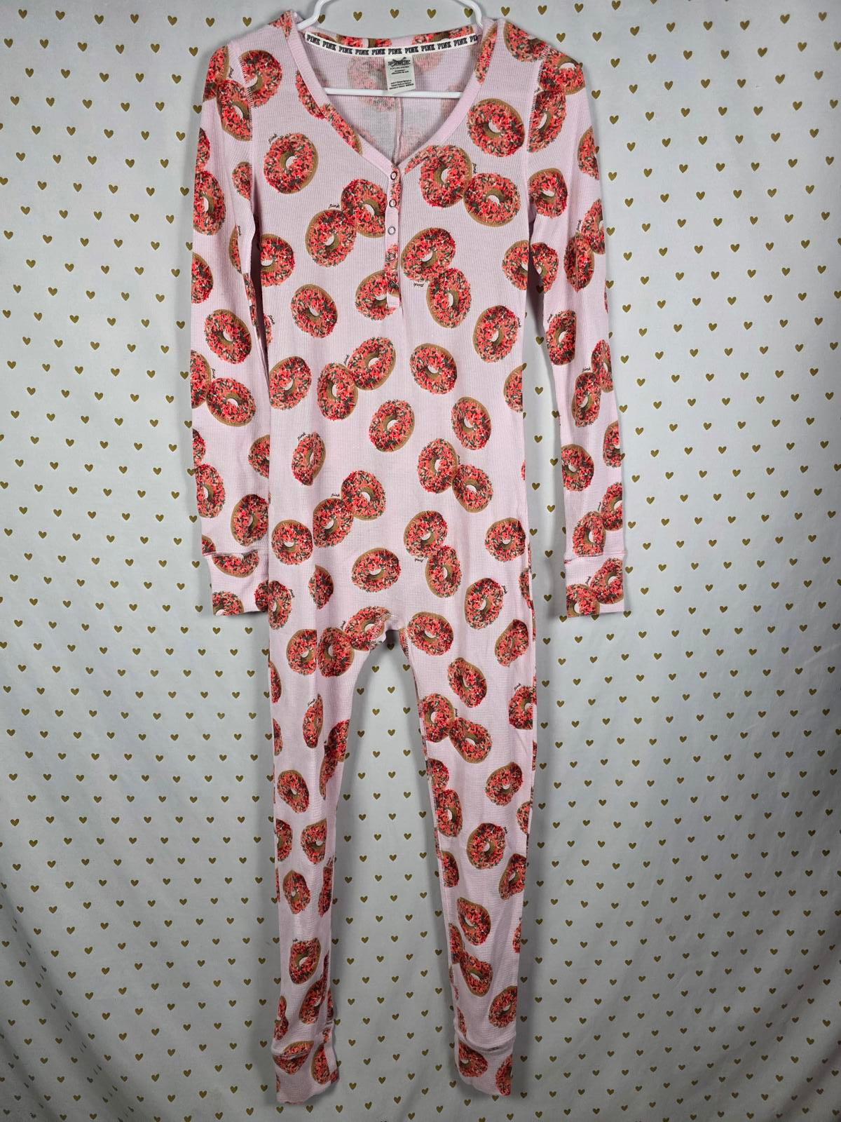 Victorias Secret Pink Small Pajamas Long Jane Donut Wake Up for What Flap