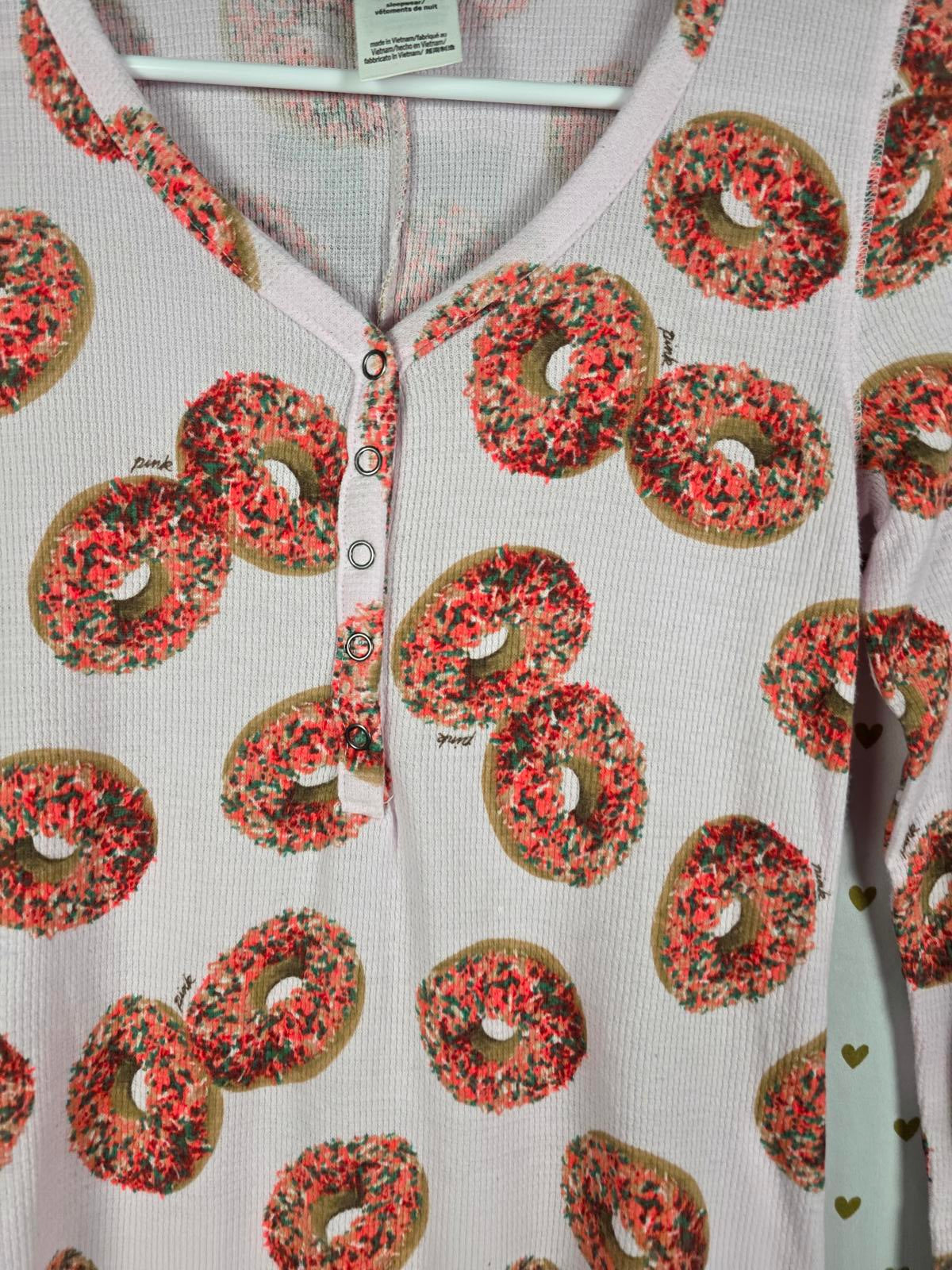 Victorias Secret Pink Small Pajamas Long Jane Donut Wake Up for What Flap