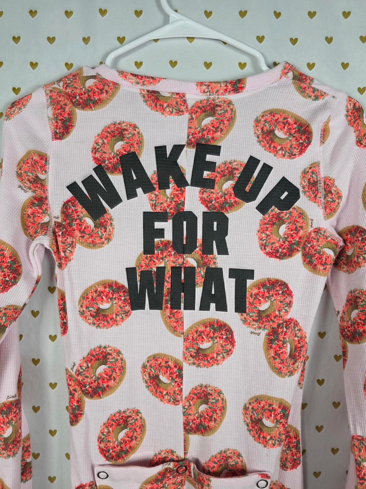 Victorias Secret Pink Small Pajamas Long Jane Donut Wake Up for What Flap