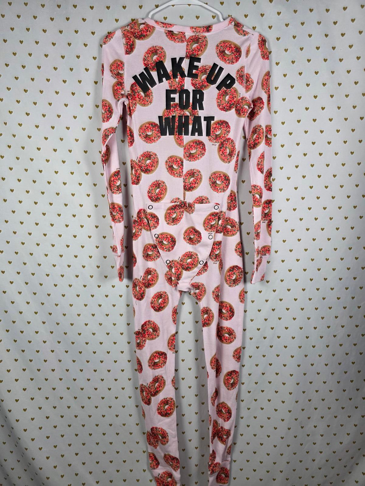 Victorias Secret Pink Small Pajamas Long Jane Donut Wake Up for What Flap