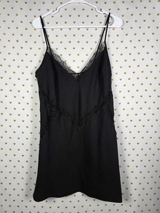 Victorias Secret Black Satin Chemise Slip Dress Lingerie LARGE Animal Print