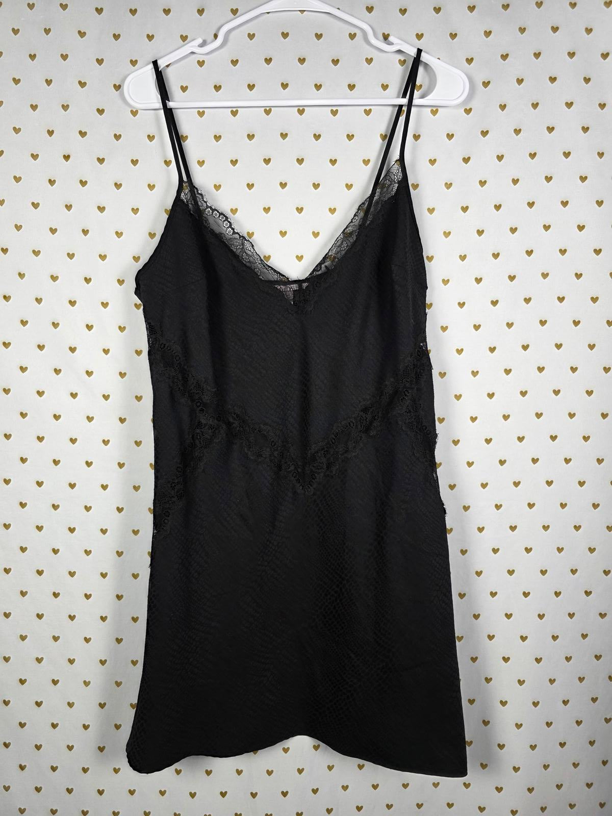 Victorias Secret Black Satin Chemise Slip Dress Lingerie LARGE Animal Print