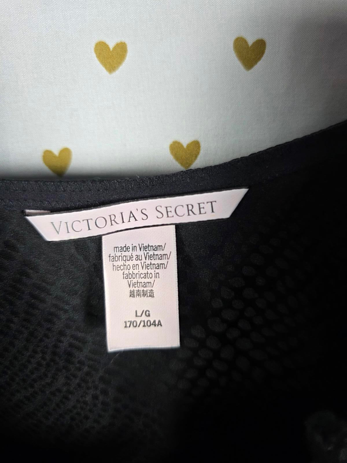 Victorias Secret Black Satin Chemise Slip Dress Lingerie LARGE Animal Print