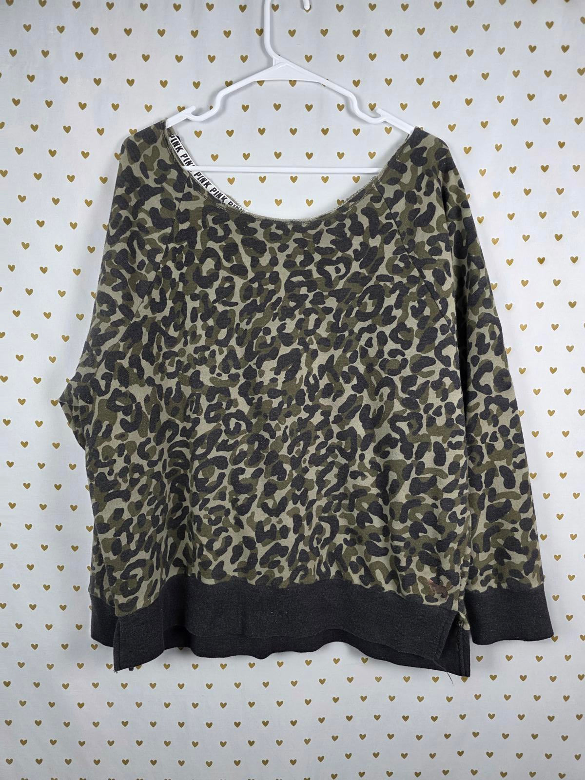 Victorias Secret Pink Camo CHeetah Leopard Slouchy Sweater Shirt LARGE
