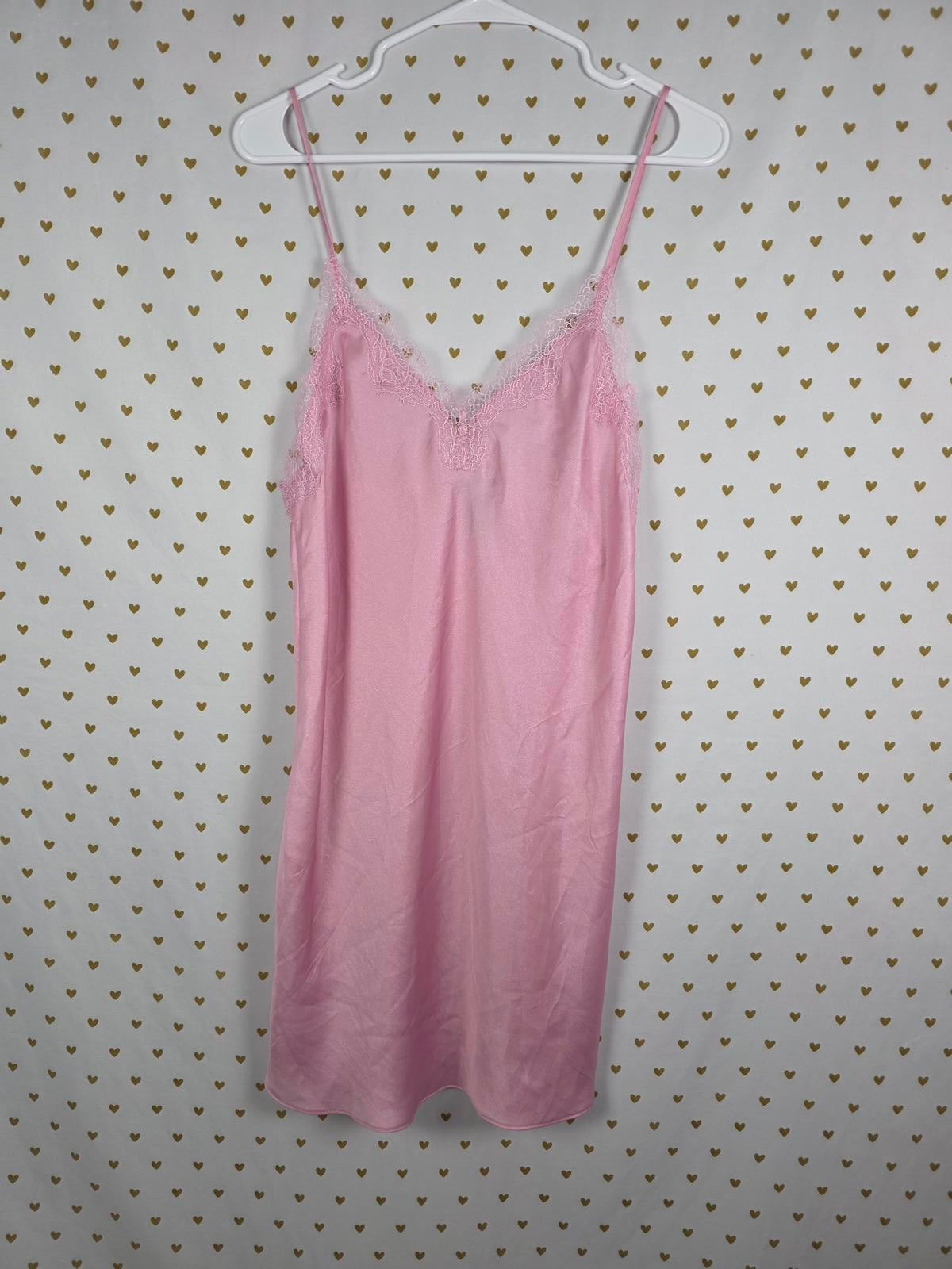 Victorias Secret PINK Satin Silky Chemise Slip Dress Lace Medium Sleep Dress