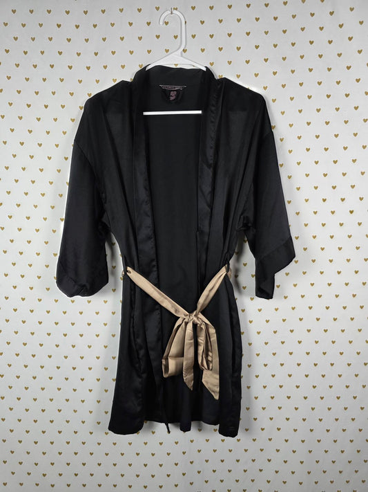 Victorias Secret Satin Silky Robe Black Pockets Beige Belt XS SMALL Kimono Wrap