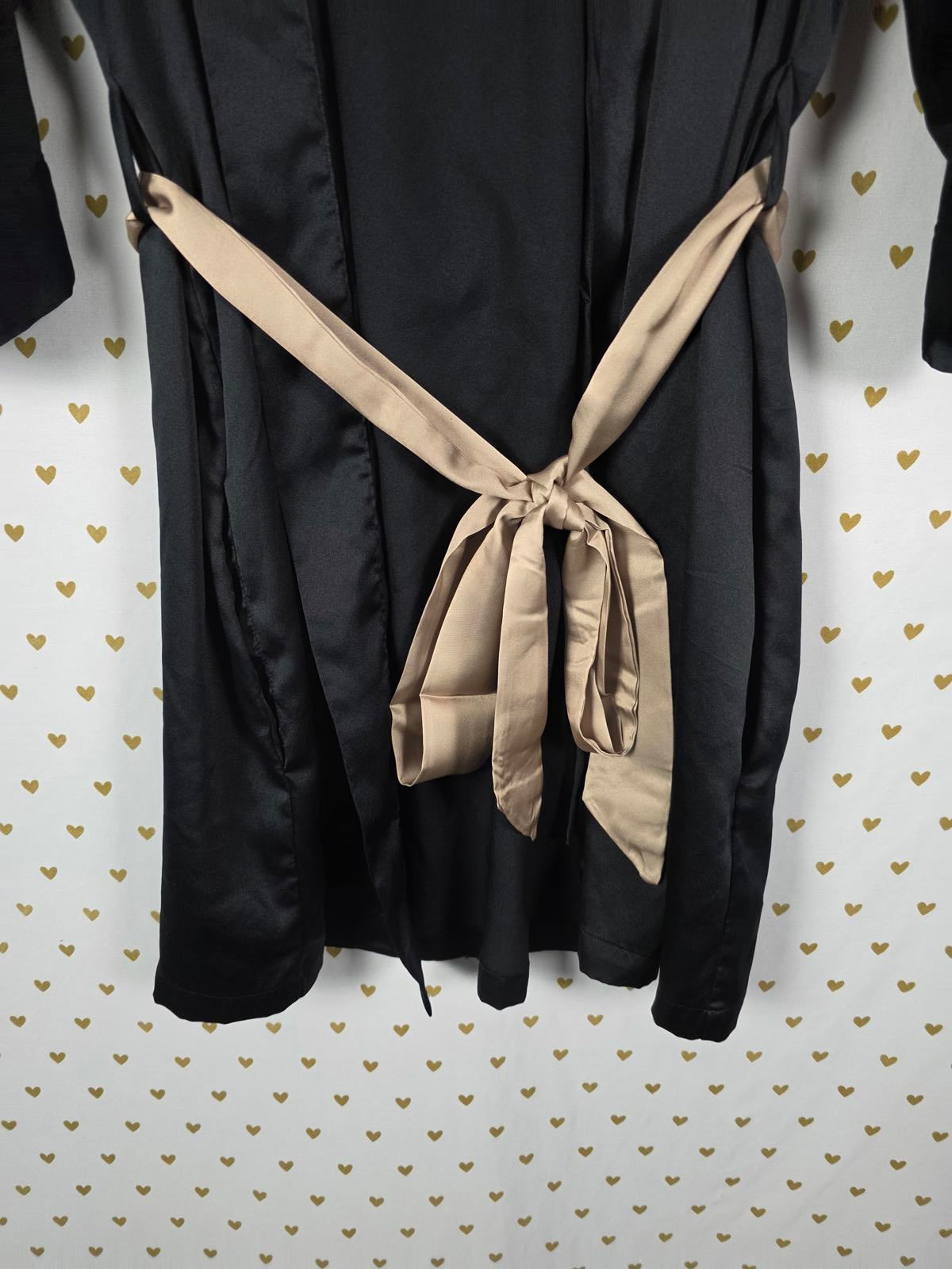 Victorias Secret Satin Silky Robe Black Pockets Beige Belt XS SMALL Kimono Wrap