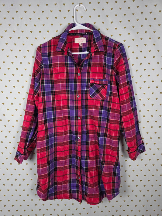 Victorias Secret Long Sleep Shirt button down Plaid nightgown Dress MEDIUM